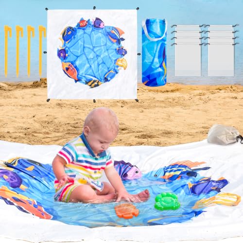 6.6 X 6.6 Ft Baby Beach Pool, 2 in 1 Portable Kids Beach Play Pool Puddle Toddler Beach Blanket and Kiddie Pools Blue Cartoon Childs Sand Pit Paddling Pools with Water Bag for Boy Girl Outdoor Camping - image 1
