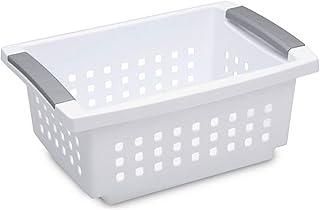 Sterilite Small Plastic Stacking Storage Basket Container Totes w/ Comfort Grip Handles and Flip Down Rails for Household ...