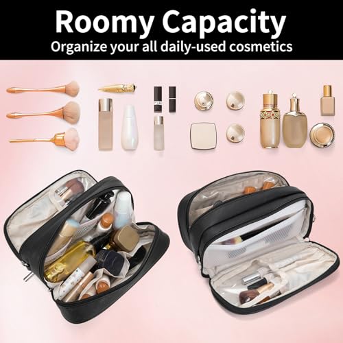 Makeup Bag for Women, Wide-open Makeup Organizer with Makeup Brush Holder, Waterproof Cosmetic Bag with Compartment, Portable Travel-Size Toiletry Bag for Traveling, Large Make Up Bag (Black)2