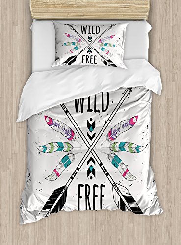 Ambesonne Tribal Duvet Cover Set, Crossed Arrows with Wild and Free Motivation Words