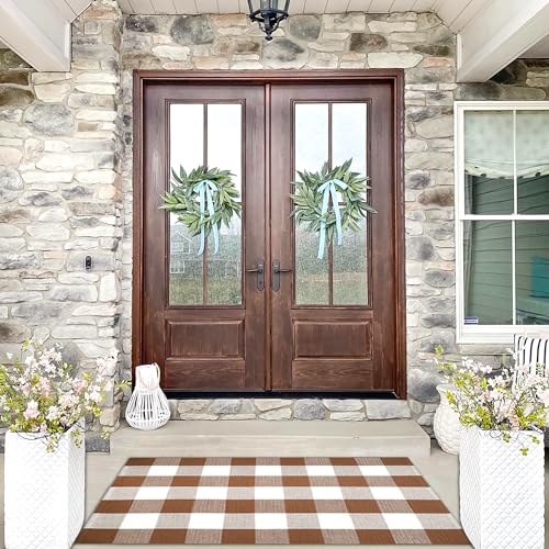 Ckorzen Coffee and White Plaid Rug,28" x 43" Outdoor Front Porch Door Decor Mat, Washable Cotton Woven Farmhouse Area Rug for Layered Door Mats Carpet, Entryway, Easter Décor