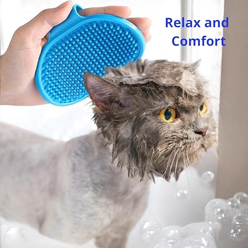 Image of Cat Shower Cap and Bath Brush set, Cat Ear Cover and Grooming Bathing Brush for Cats Puppy Small Dogs, Cat Ear Protection Stuff, Small Dog Cat Bathing Supplies, Pet Accessories (Blue)