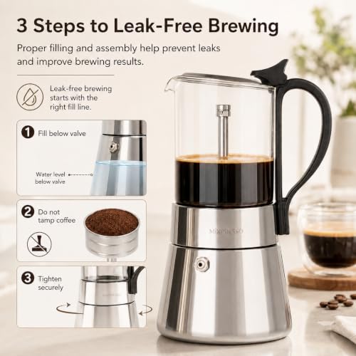 Image of Mixpresso 9 Cup Greca Moka Pot, Glass Stovetop Espresso Maker | 550ml /18oz Italian stovetop coffee maker with classic percolator design, ideal for preparing coffee at home or while camping