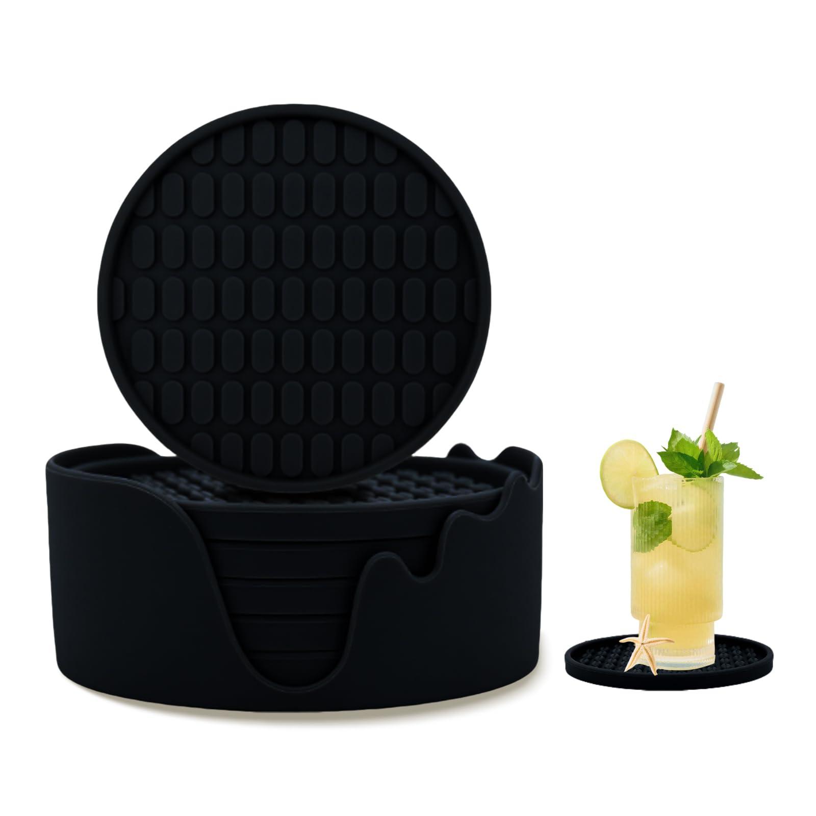 Silikon Untersetzer mit Halter, Rund Trinkuntersetzer Hitzebeständig und rutschfest mit Mustern, Dickes Design Kaffee Pads Tassenmatte, Getränkeuntersetzern, 6er-Pack, Schwarz