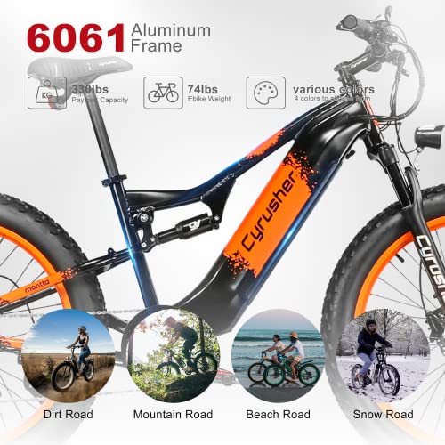 Cyrusher Montta Moutain Ebike 750W Motor 48V 17Ah Integrated Battery 26" X 4.0" All Terrain Fat Tire Electric Bike For Adults Shimano 7-Speed Front Fork Suspension 3.7" Lcd Smart Display (Orange 17Ah) #TOP4
