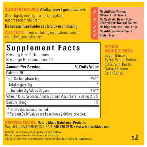 Nature Made Vitamin C Gummies 250mg per Serving, 80 Count | Adult Vitamin C Immune Support Gummies for Daily Immune Support and Antioxidant Support, Tangerine Flavor, 40 Day Supply - image 7