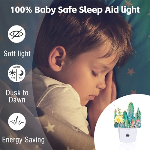 Image of Cactus and Succulents Night Light Plug into Wall, Watercolor Botanical Floral Dusk to Dawn Night Light Plug in,0.5w Energy Saving Sleep Friendly NightLight for Kids Boys Girls Home Decor