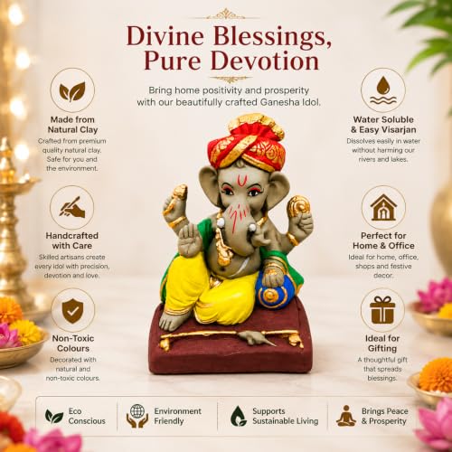 Image of Clay Ganesh Idol, 4 Inches Height, Water Soluble Ganpati Murti for Ganpati Visarjan (Small) (Multicolor - Pagri Ganesha)
