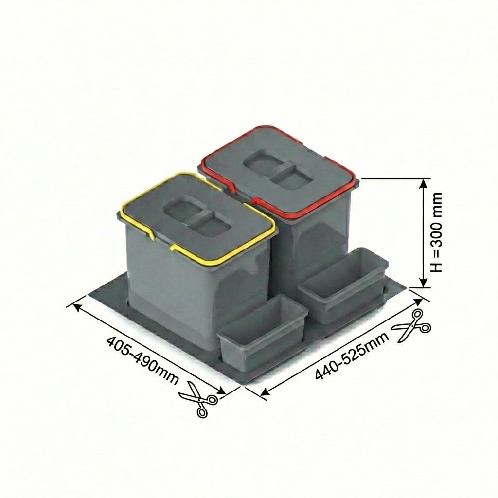 Mülltrennsystem Küche für 60 cm Schrank 2-fach 52,5x49x30 cm (2x 15L) mit Deckel Einbau Abfallsammler für Schubladen Küchenabfalleimer Abfalltrennung Abfallbehälter Set Silberfarben