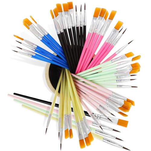Juego de 48 pinceles de pintura acrílica, punta plana y redonda, de nailon, 6 colores, reutilizables para acuarela, lienzo, pintura facial, bricolaje (multicolor)