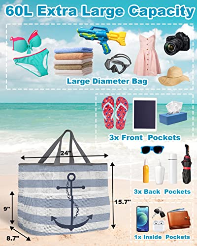 Blue White Striped Beach Tote Bag for Women, Navy Blue Beach Nautical Anchor Ocean Coastal Mesh Beach Bags Waterproof, Outdoor Picnic Swim Pool Handbag - Large Beach Bag with Zipper and Pockets3