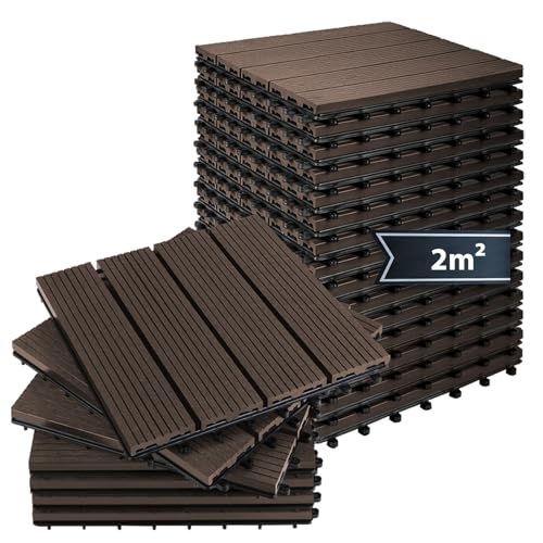 Montafox WPC Fliesen 30 x 30 cm 22 Stück / 2m² Dunkelbraun Terrassenfliesen Klicksystem Fliese Holzoptik Bodenbelag Klickfliesen Terrasse Balkon, Größe (Fläche):2 m² | 22 Fliesen, Farbe:Dunkelbraun