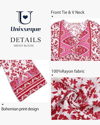 Unixseque Summer Boho Womens Tops Floral Print Dressy Casual V-Neck Tie Front Trendy Fall 3/4 Sleeve Blouses4