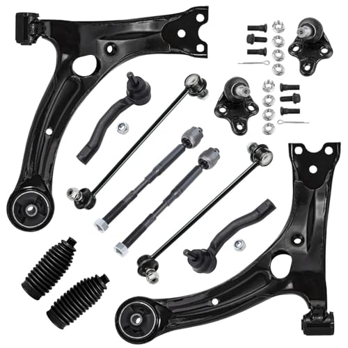 Image of Detroit Axle - Front End 12pc Suspension Kit for Toyota Corolla 2003 2004 | 2005 2006 2007 2008, 2 Lower Control Arms 2 Lower Ball Joints 2 Sway Bar Links 4 Tie Rods 2 Boots & Bellow Replacement