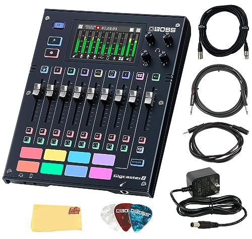 Boss - Gigcaster 8 (GCS-8) Audio Streaming Mixers Bundle Roland 10ft Instrument Cable, XLR Cable, Stereo Plug Cable, Picks, and Austin Bazaar Polishing Cloth