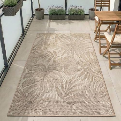 Carpetsale24 Outdoor Teppich Beige 80x150 cm Läufer, Wetterfest & UV-beständig, ideal für Küche, Balkon, Terrasse auch Wohnzimmer und Esszimmer, Palmblätter-Design, Leicht zu Reinigen