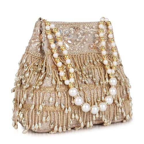 Image of Nevis PU Silk Women's Pearl & Bead Embellished Potli Bag with Beaded Handle | Designe Wedding & Festive Handbag