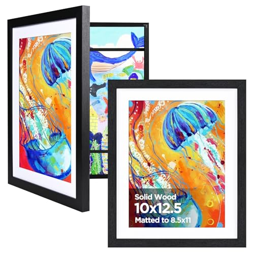 KINLINK 10x12.5 Kids Art Frame 2 Pack, Solid Wood Artwork Frames Changeable, Front Opening Hold 150 Pictures, Art Frames for Kids Artwork, 8.5x11 with Mat 10x12.5 without Mat, Picture Frames Black