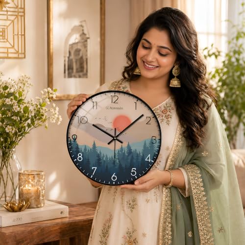Image of Auromin Wall Clock for Living Room Stylish - Decorative Forest Design Modern Wall Clock for Bedroom, Hall, Office | Silent Non-Ticking Analog Clock | Round Glass Battery Operated Clock