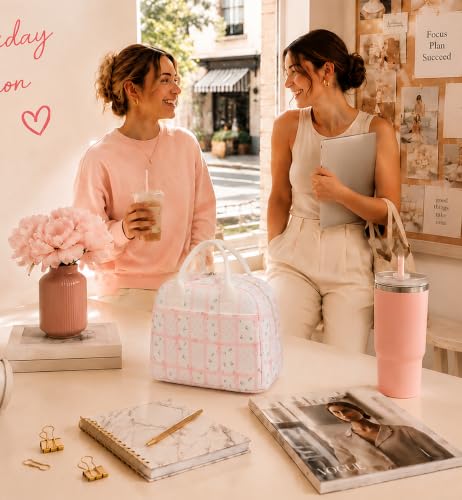 Image of LOVELYWIND Lunch Box for Women, Insulated Lunch Bag, Pink Checkered Tote