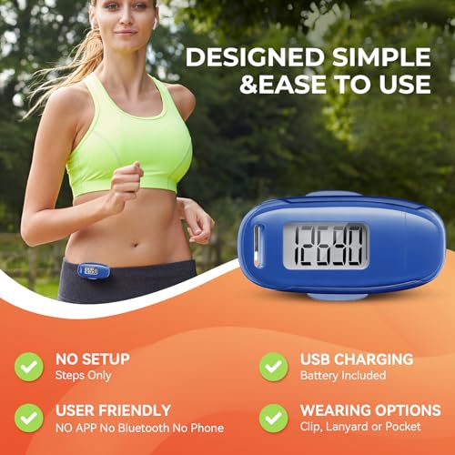 Image of 3D Pedometer for Walking, Simple Walking Step Counter with Removable Clip and Strap, USB Rechargeable Step Tracker with Backlight, Accurate Step Counter for Men Women Seniors - Dark Blue