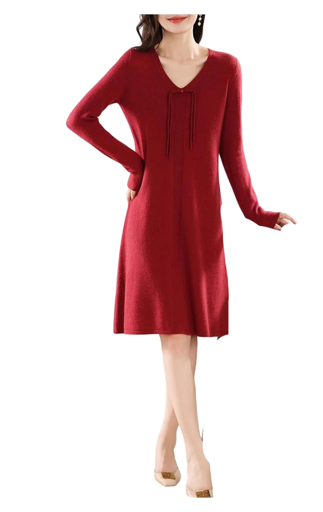 Abito da donna in maglia di lana merino, con scollo a V, con bottoni, a maniche lunghe, caldo, per autunno e inverno, rosso, L