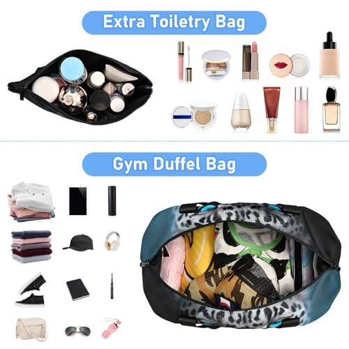 ALAZA Sports Duffel Bags with Toiletry Bag Set,Abstract Leopard with Blue Eyes Travel Duffel Bags Multi Pockets Weekend Bag4