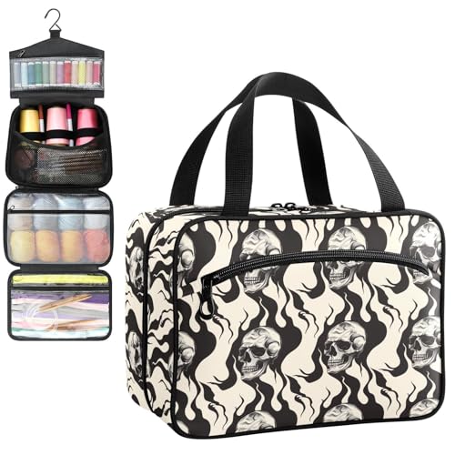 YNNALE Sewing Supply Organizer Bag, Black and Beige Skull and Abstract Flame Portable Sewing Bags with Pockets&Hanger, Sewing Storage Box Case for Sew Supplies/Kit/Tools/Accessories (BAG ONLY)