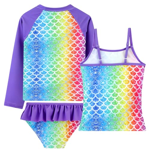 Image of DAXIANG Girls Rash Guard Swimsuit Long Sleeve Swim Shirt 3 Piece Tankini Bathing Suit with Bottom for Kid Toddler 3-12 Years