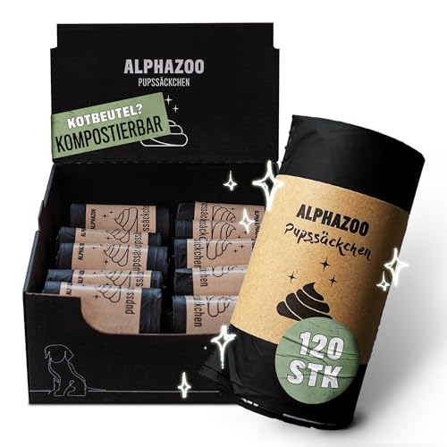 alphazoo Pupssäckchen Kotbeutel 120 Stück - biologisch abbaubare Hundekotbeutel kompostierbar - Gassibeutel reißfest auslaufsicher geruchsdicht - umweltfreundlich - 30 Beutel pro Rolle