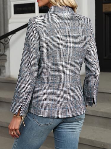 ELLEVEN Women's Plaid Blazer Open Front Stand Collar Houndstooth Suit Jacket for Work Casual2