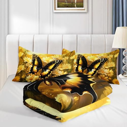 Image of AILONEN Girls Butterfly Comforter Set Full Size,Yellow Sunflowers Bedding Set for Bedroom Decor,3-Piece Nature Theme Floral Quilt with 2 Pillowcases