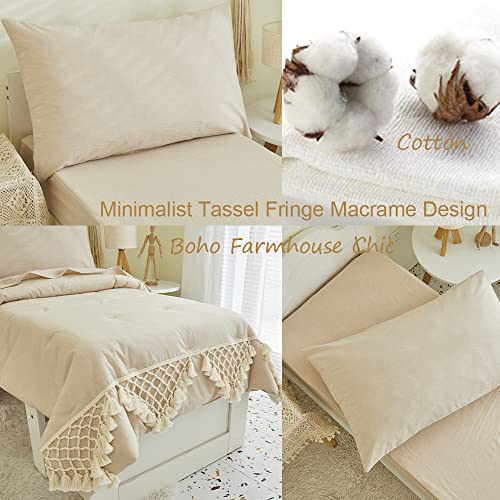 Brandream 4Pcs Toddler Bedding + 3Pcs Crib Bedding Gender Neutral Boho Bohemian Girl Boy Solid Beige Farmhouse Chic Unisex Minimalist Tassel Fringe Macrame Cozy 100% Washed Cotton Comforter Set #TOP3