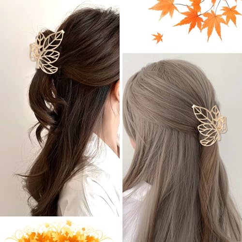 Pinza para cabello metálica diseño hojas de arce dorada miniatura 3