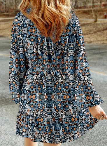 Image of Dokotoo Womens Dresses Boho Floral V Neck Long Sleeve Smocked Elastic Waist Casual A-Line Mini Dress Sundress