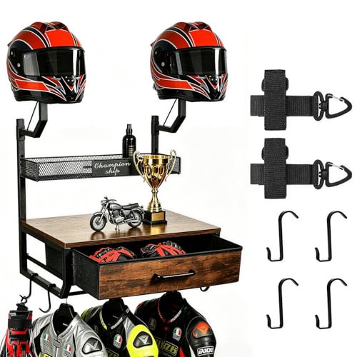 OYMVEKIK Motorcycle Helmet Holder Wall Mounted with 4 Hanging Hooks Drawer & Mesh Basket All-in-On Easy Access Gear Storage Organizer for Helmets Shape Protection Motorcycle Accessories Black