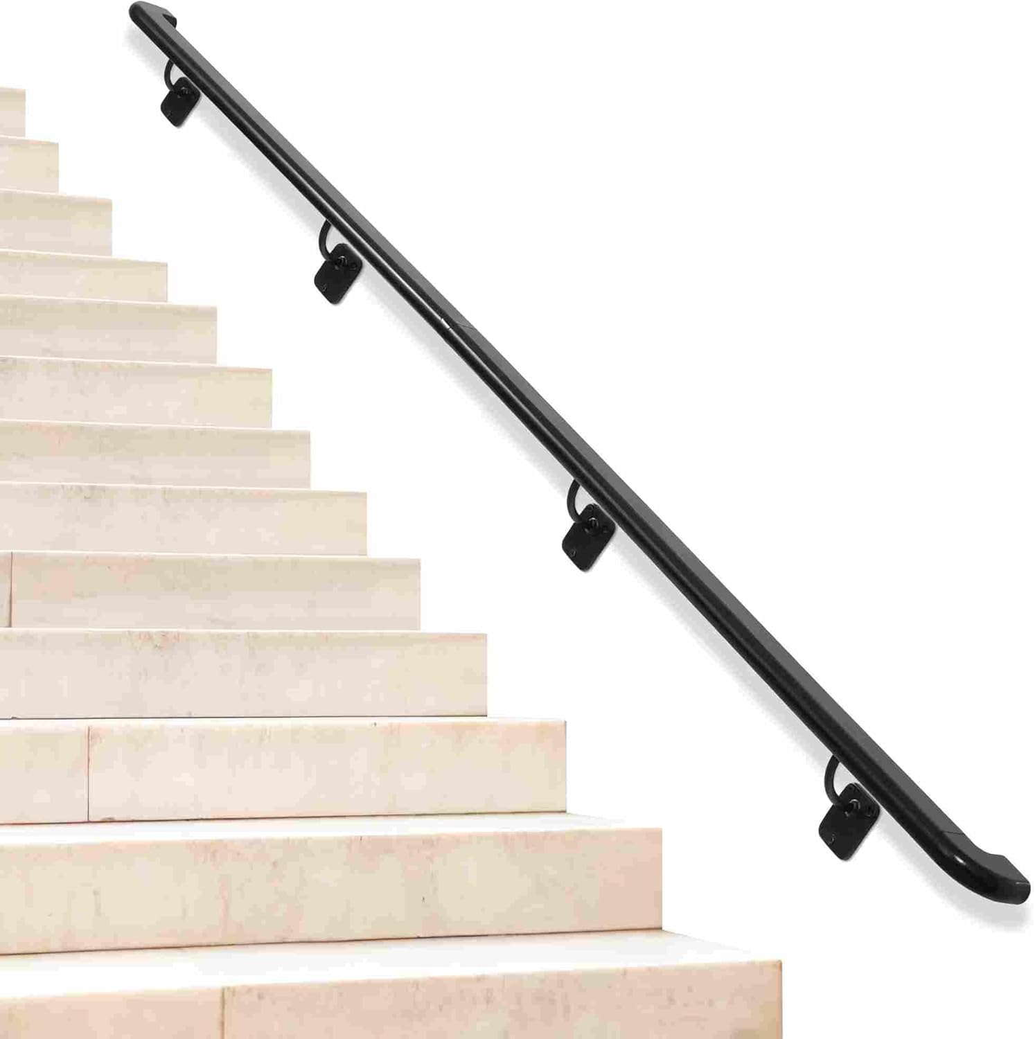 Pipe Stair Handrail Black Hand Rail for Indoor & Outdoor Steps Metal Handrail for Indoor Stairs Stair Railing with Wall Return Heavy-Duty Support Railing for Stairs & Porches (8FT)