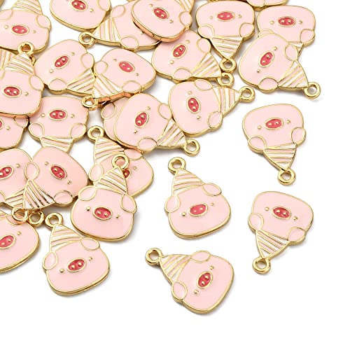 LiQunSweet 100 Pcs Cute Enamel Pink Pig with Hat Charms Metal Alloy Small Cartoon Farm Animals Pendants Bulk Lot for DIY Craft Jewelry Making - 20x13.5mm