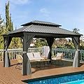 YITAHOME 12x16ft Hardtop Gazebo with Nettings and Curtains, Heavy Duty Double Roof Galvanized Steel Outdoor Combined of Vertical Stripes Roof for Patio, Backyard, Deck, Lawns, Gray