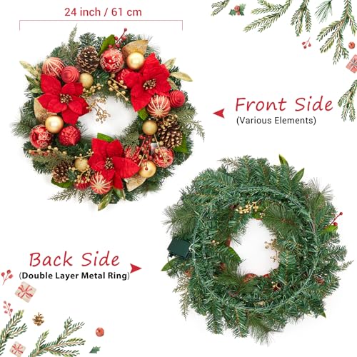 GarveeHome Prelit Christmas Wreath for Front Door, 24" Large Outdoor Christmas Wreath, Battery Operated Lighted Xmas Wreath with Red Gold Balls Artificial Poinsettia for Fireplace Window Wall Decor