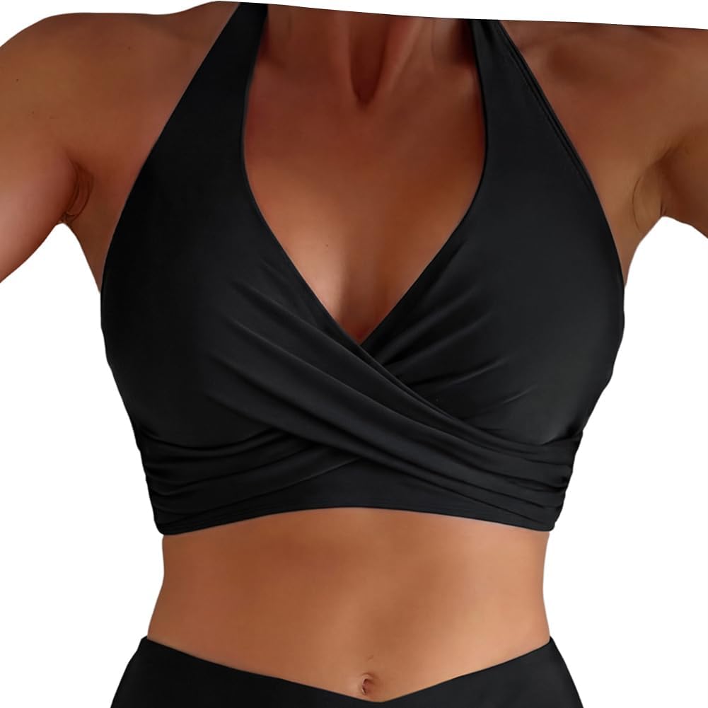 Hilor Women's Underwire Bikini Tops Halter V Neck Bathing Suit Top Swimsuit Push Up Twist Front Swim Top Only