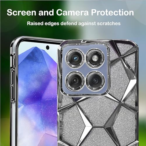Image of VONZEE Gradient Glitter Case for Moto Edge 60 Fusion, Luxury Electroplated 3D Cube, Diamond Bling Shiny Soft TPU Clear Shockproof Women Girls Protective Phone Cover (Silver)