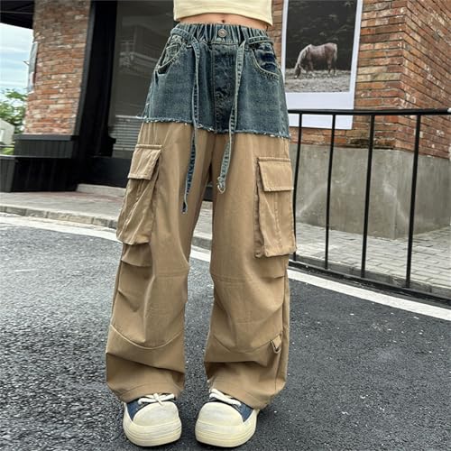 Girls Streetwear Cargo Pants High Waist Floor Length Baggy Wide Leg Jeans with Multi Pockets Casual Trousers4
