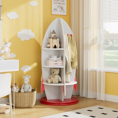 BUDABEST Rocket Kids Bookshelf, Space Themed Toy Storage Organizer with Coat Hooks, 360° Rotating Children's Furniture Bookcase for Playroom, Bedroom, Nursery