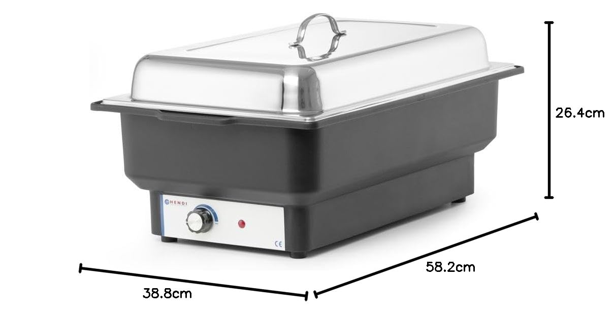 HENDI Chafing Dish Tellano, Speisenwärmer, Buffetwärmer, Wärmebehälter, 9L, 230V/900W, 573x348x(H) 284mm, Edelstahl, Polypropylen, Schwarz