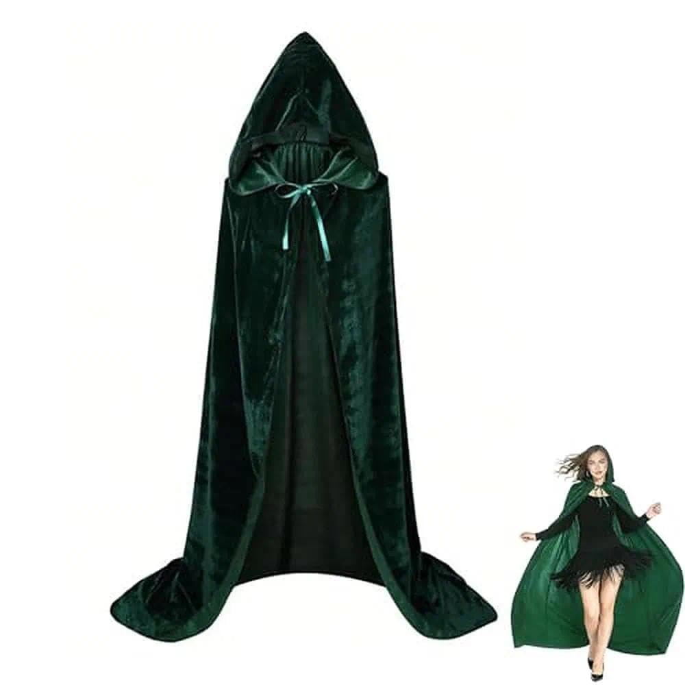 MAIKAOZAI Long Green Velvet Hooded Cloak (170cm), Elegant Medieval Style Cape for Costume & Dramatic Wear