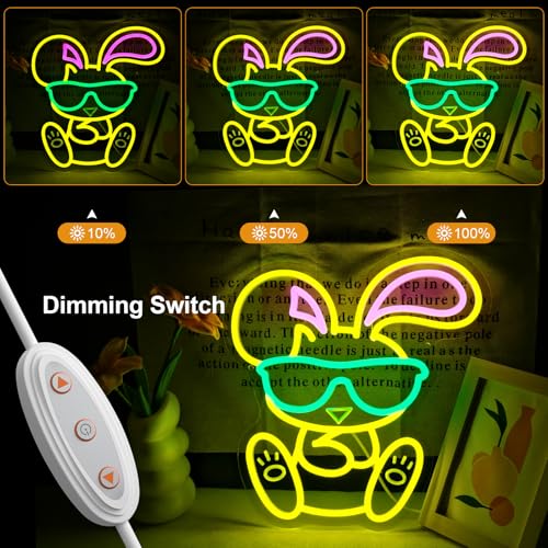 Image of Wearing Sunglasses Bunny Neon Sign, Rabbit Neon Bunny Dimmable Cute LED Neon Light for Animal Wall Bar Club Bedroom Windows Glass Hotel Decor, Room Neon Sign 13x12 inch