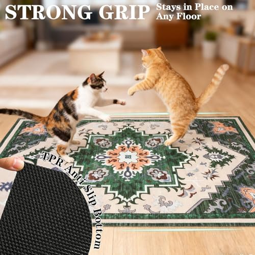 Image of EXPAWLORER Cat Litter Mat, 20 inchx32 inch Small Non-Slip Urine Waterproof Litter Trapping Mat Easy to Clean Washable Litter Box Mat for Floor Soft on Kitty Paws, Indoor Food Mats Rug Pads for Bathroom Green