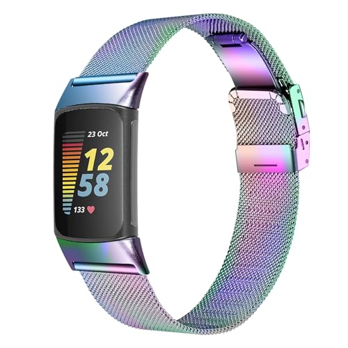 Gimuk Straps Compatible with Fitbit Charge 6/Charge 5 Strap for Women Men Adjustable Metal Mesh Loop Stainless Steel Replacement Watch Strap Band Wristband for Charge 6/Charge 5 (Colorful)