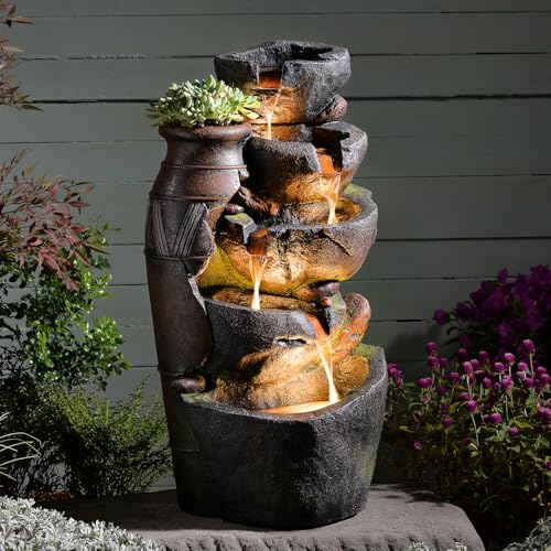 5 Tiered Rock Water Fountain Outdoor with Vintage Jar